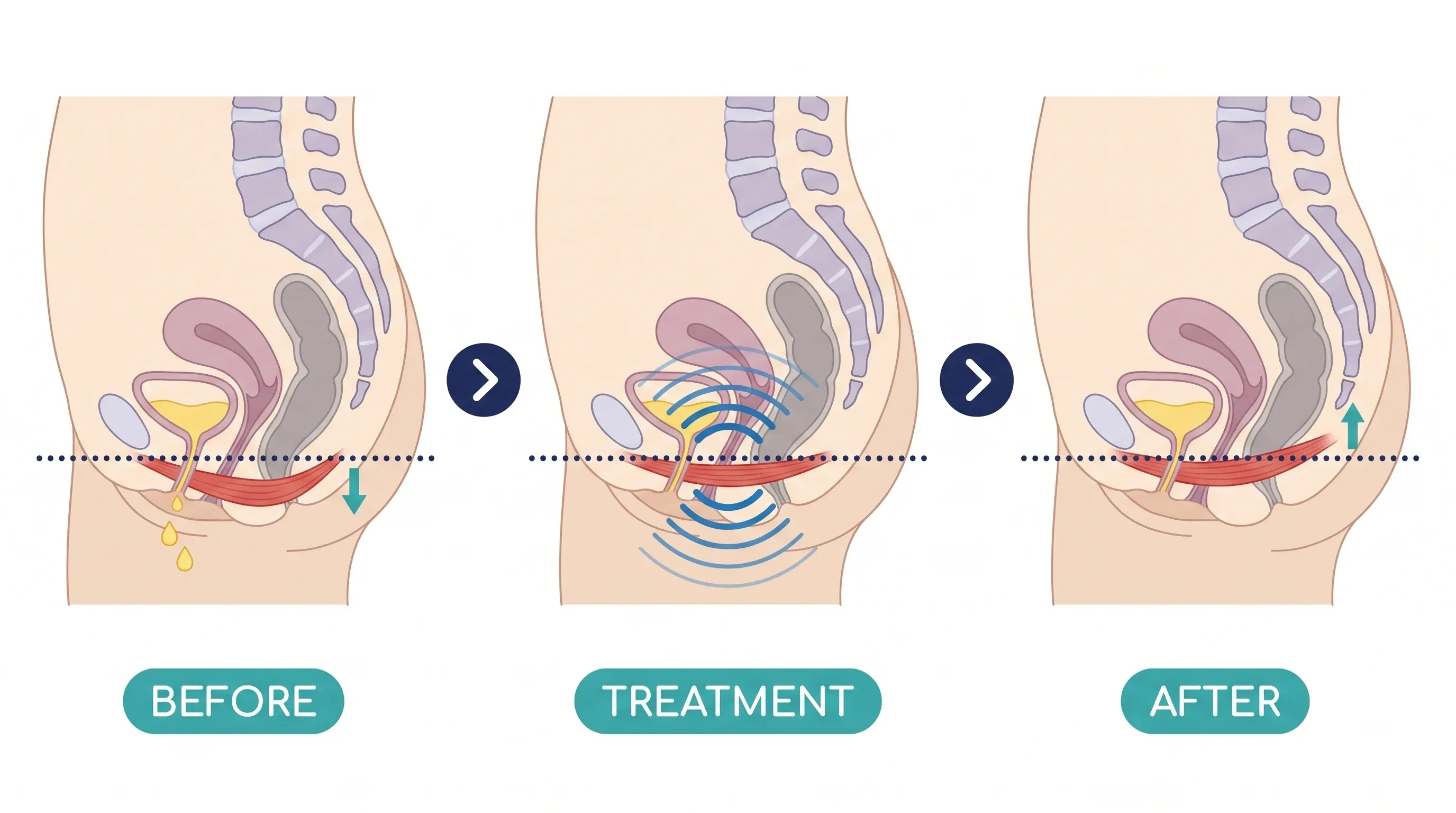 Three-step medical infographic: a weakened pelvic floor letting drops escape, electromagnetic waves stimulating the muscle, then a firmed pelvic floor supporting the bladder