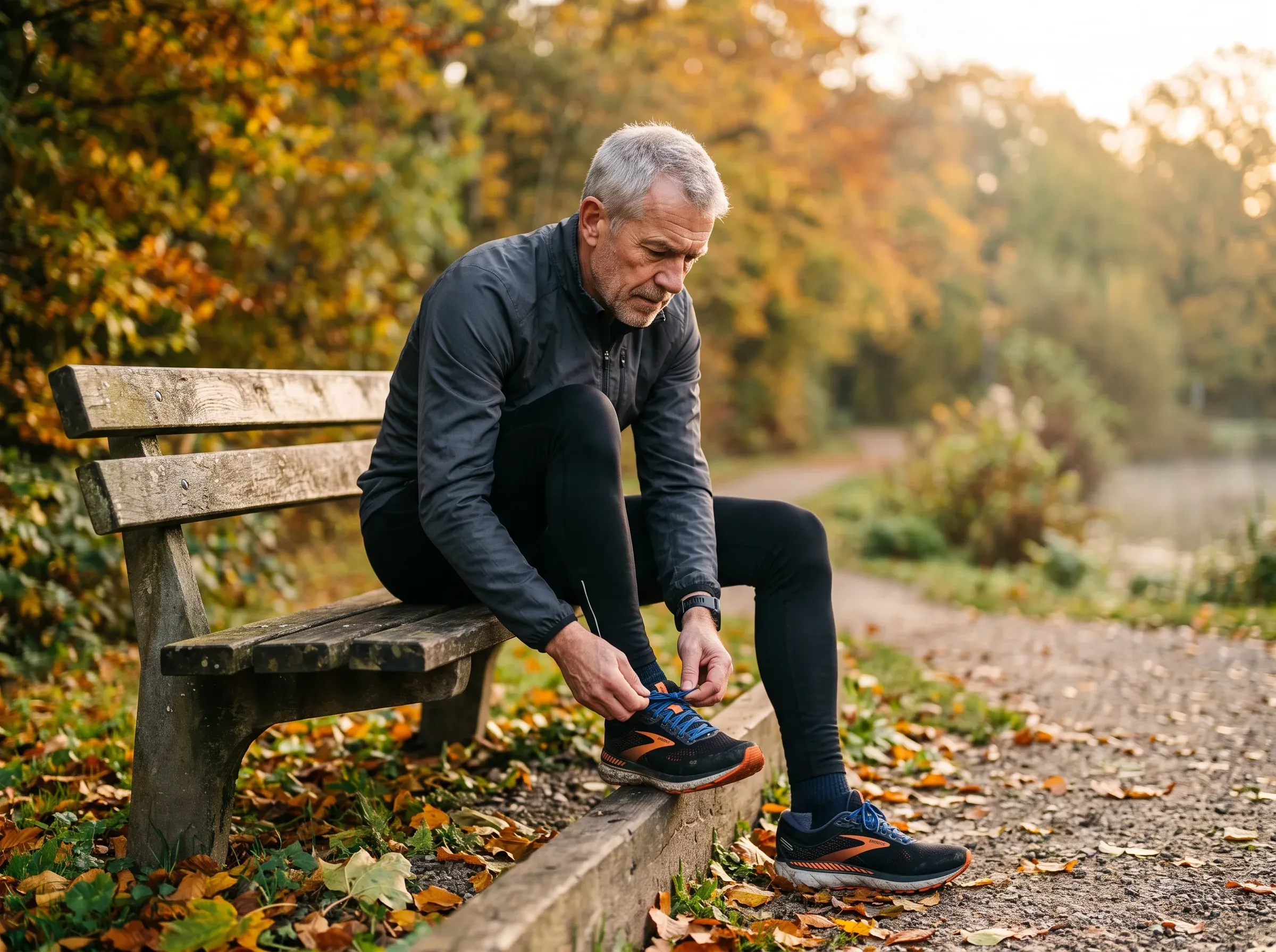Homme actif de 65 ans qui lace ses chaussures de course au lever du soleil