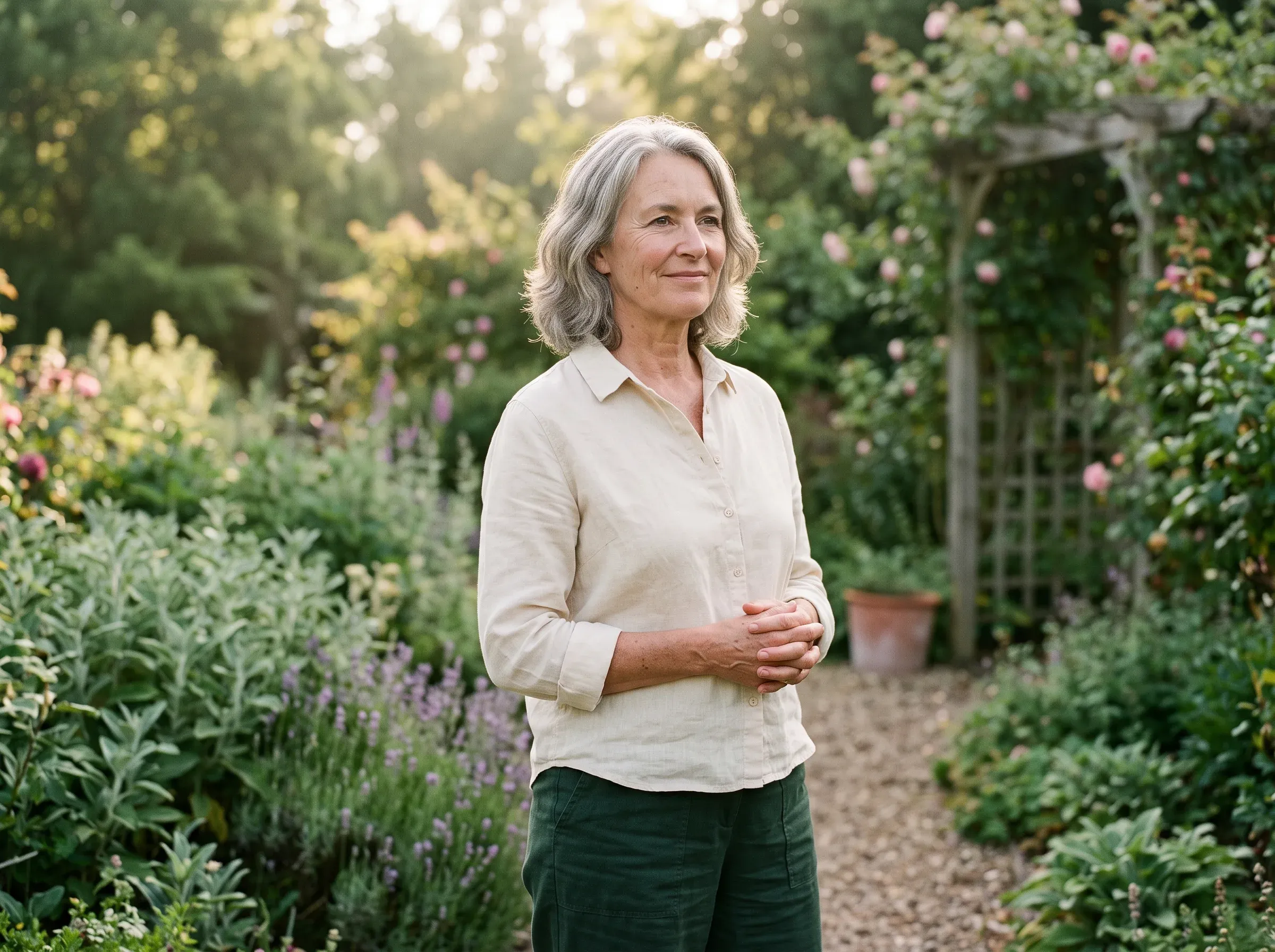 Femme dans la soixantaine, sereine et solide dans son jardin - le sentiment d'être bien soutenue